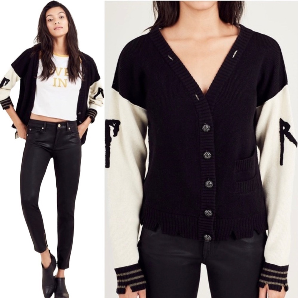 TRUE RELIGION Wool Sweater Cardigan Distressed Graphic Black Cream Relaxed Fit S